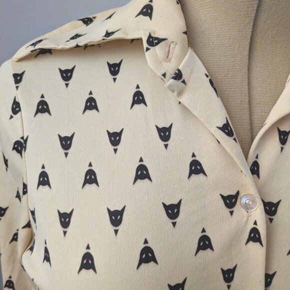 vintage cream 70s disco secretary blouse with black cat print - Picture 2 of 7